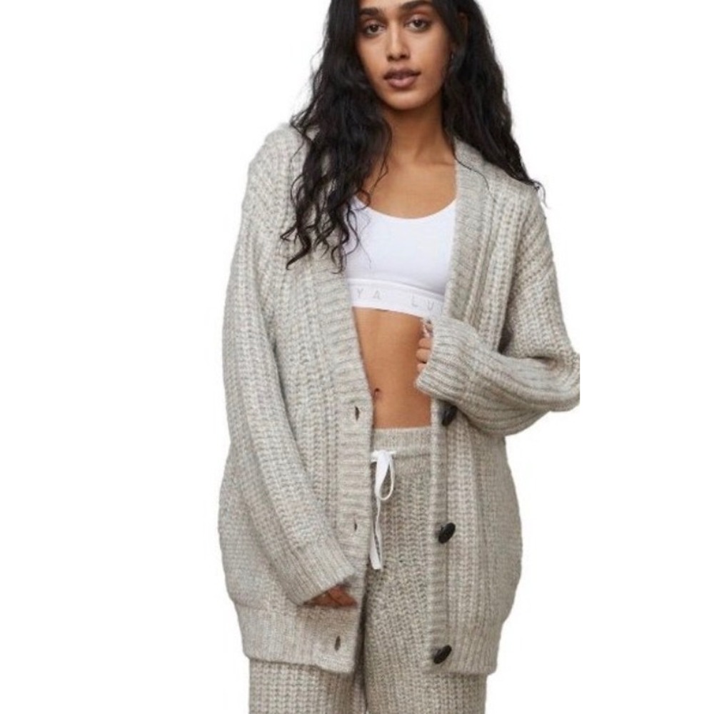 Lunya Wool Blend Oversized Chunky Knit Cardigan M Soothing Grey Cozy Lounge